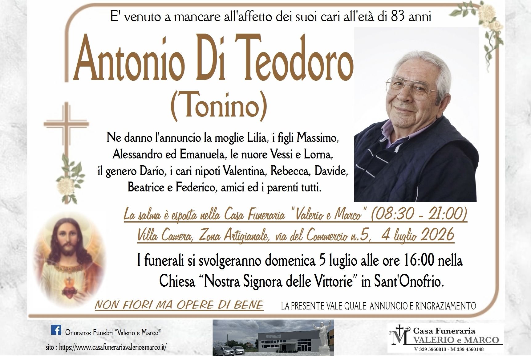 necrologio di Antonio Di Teodoro Casa Funeraria Agenzia Onoranze Funebri Valerio e Marco Teramo Val Vibrata