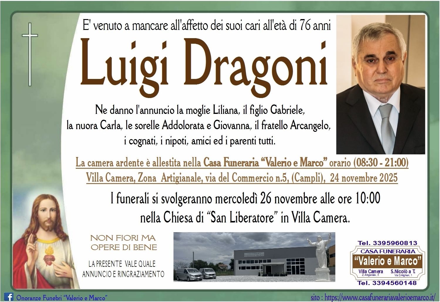 necrologio di Luigi Dragoni Casa Funeraria Agenzia Onoranze Funebri Valerio e Marco Teramo Val Vibrata