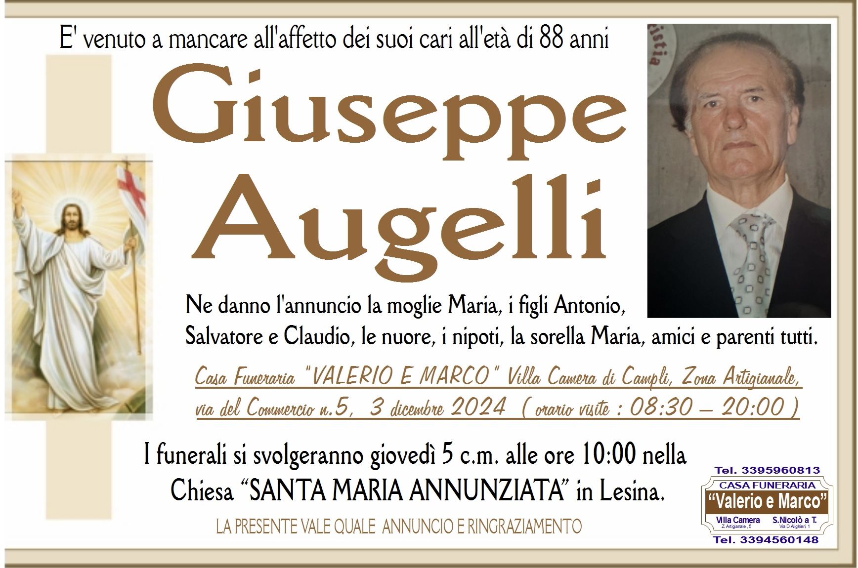 necrologio di Giuseppe Augelli Casa Funeraria Agenzia Onoranze Funebri Valerio e Marco Teramo Val Vibrata