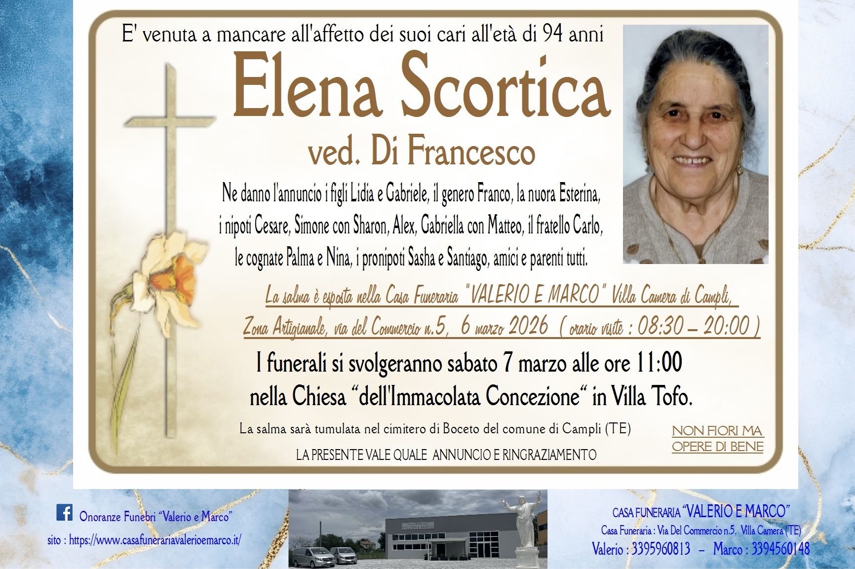 necrologio di Elena Scortica Casa Funeraria Agenzia Onoranze Funebri Valerio e Marco Teramo Val Vibrata