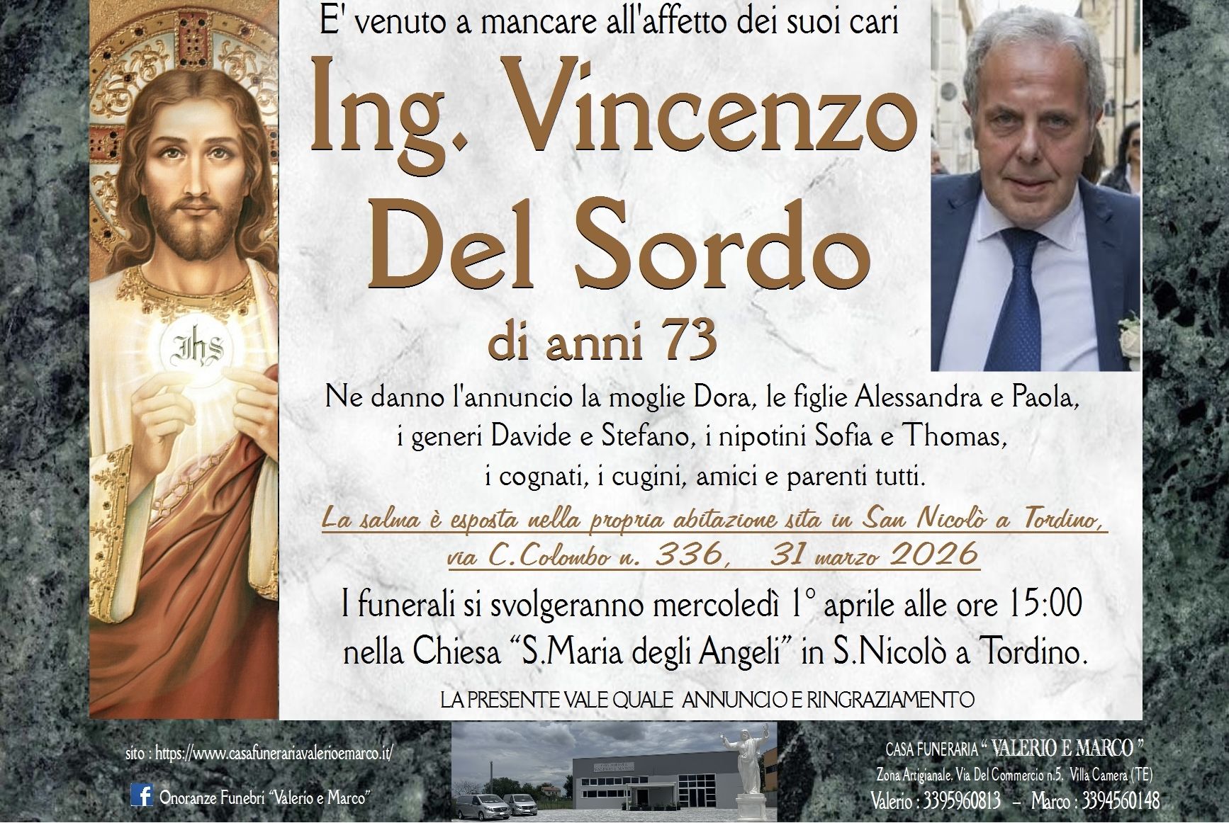 necrologio di Ing. Vincenzo Del Sordo Casa Funeraria Agenzia Onoranze Funebri Valerio e Marco Teramo Val Vibrata