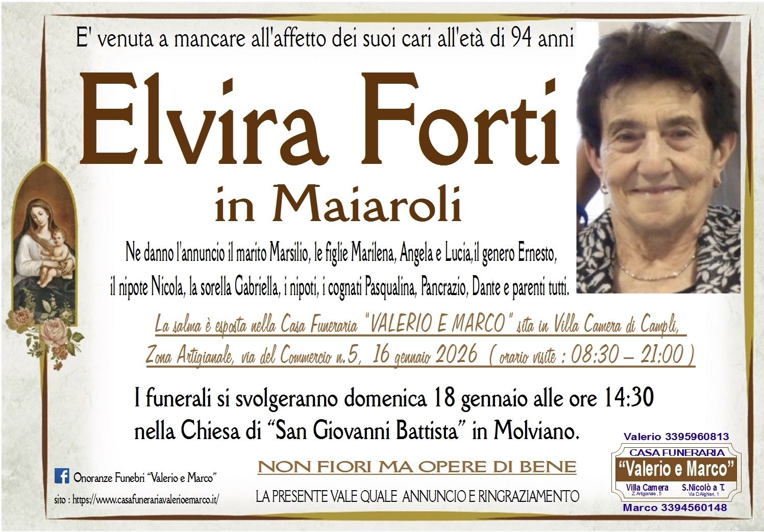 necrologio di Elvira Forti in Maiaroli Casa Funeraria Agenzia Onoranze Funebri Valerio e Marco Teramo Val Vibrata
