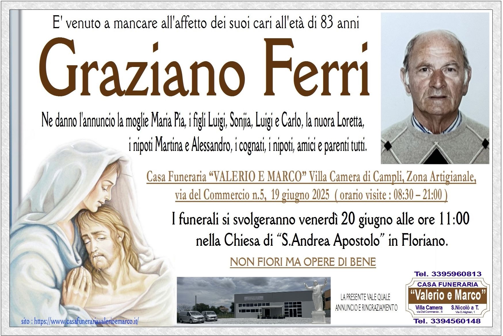 necrologio di Graziano Ferri Casa Funeraria Agenzia Onoranze Funebri Valerio e Marco Teramo Val Vibrata