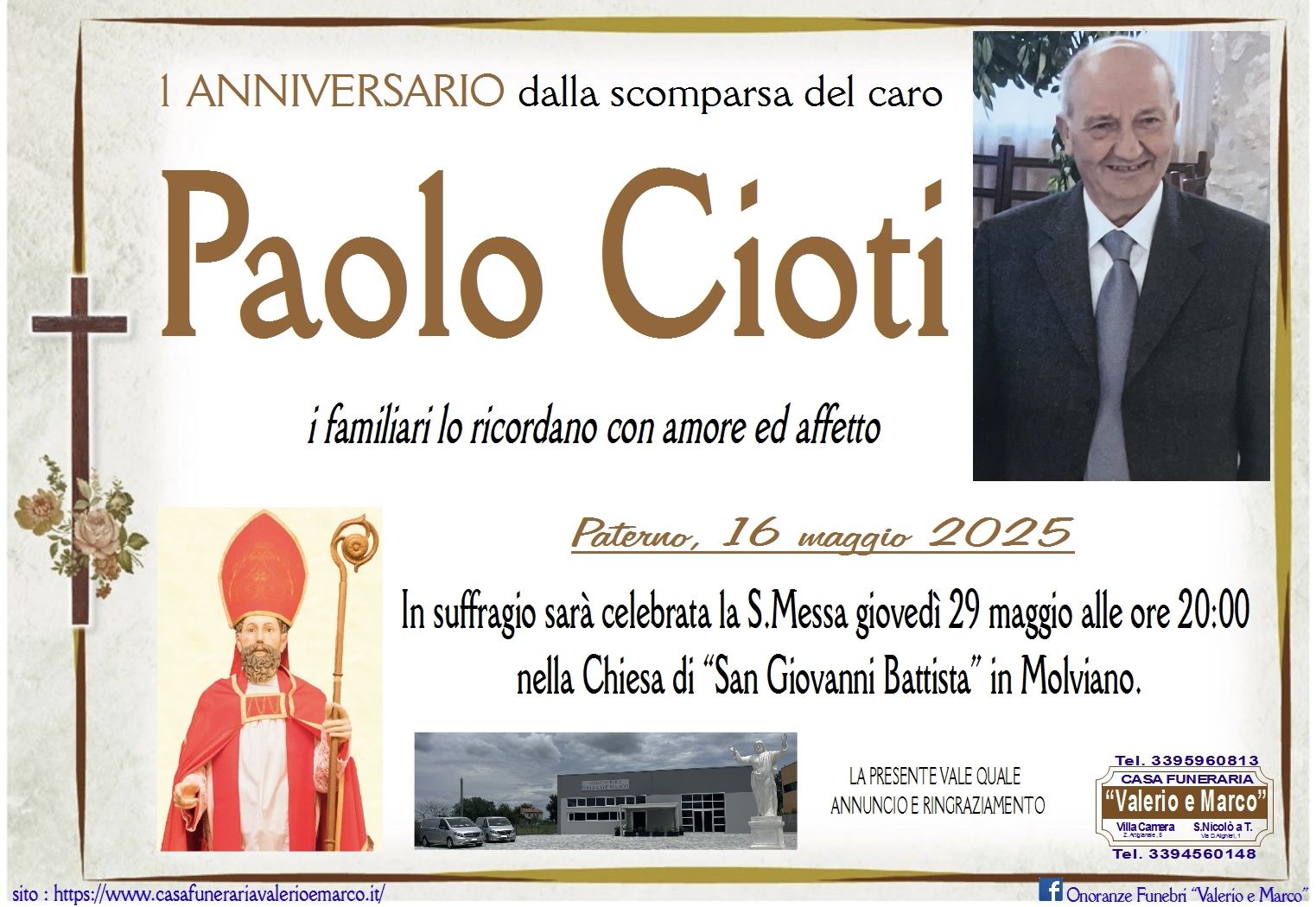 anniversario di Paolo Cioti Casa Funeraria Agenzia Onoranze Funebri Valerio e Marco Teramo Val Vibrata