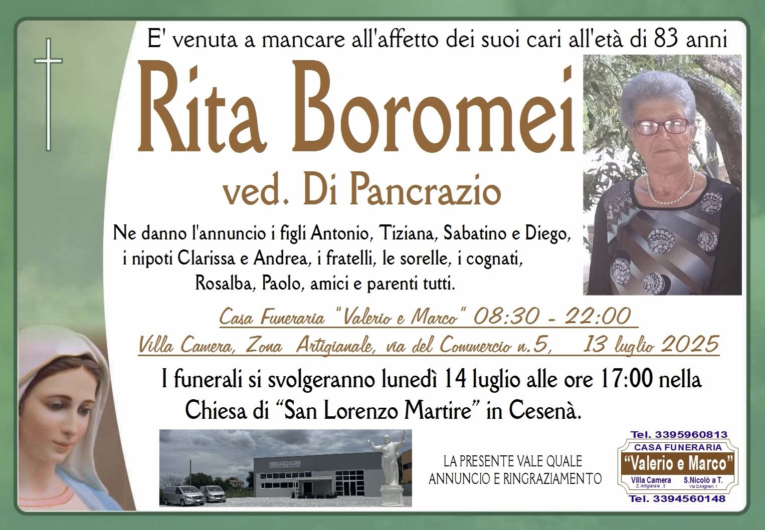 necrologio di Rita Boromei Casa Funeraria Agenzia Onoranze Funebri Valerio e Marco Teramo Val Vibrata