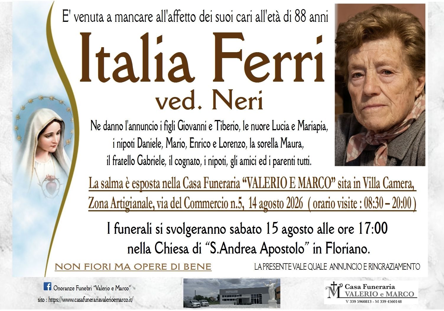 necrologio di Italia Ferri ved. Neri Casa Funeraria Agenzia Onoranze Funebri Valerio e Marco Teramo Val Vibrata