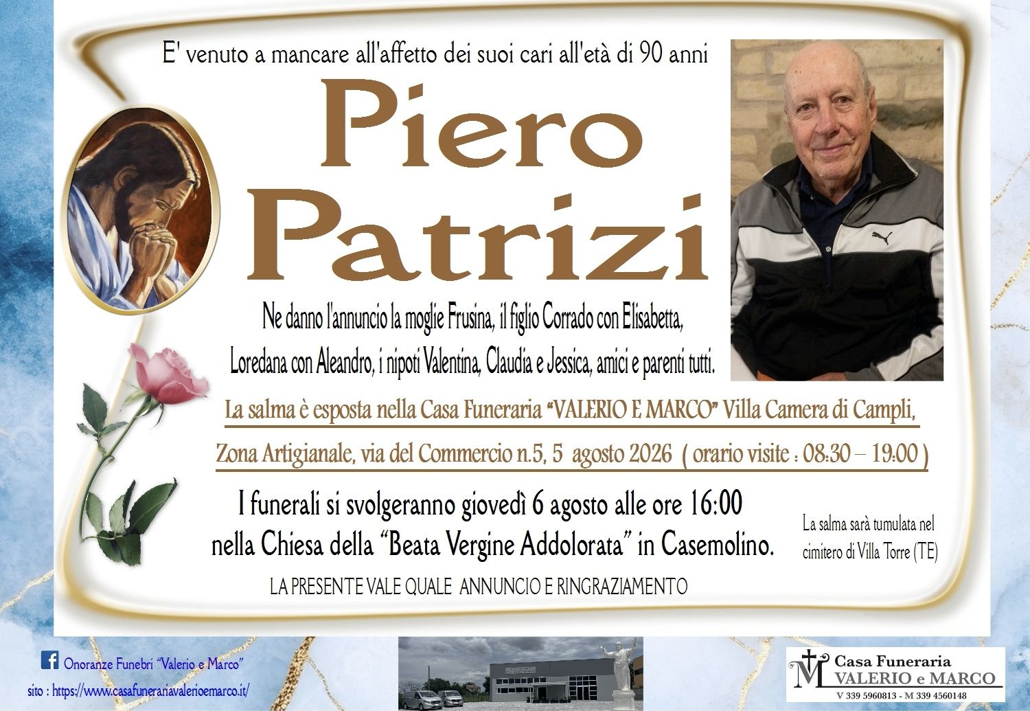 necrologio di Piero Patrizi Casa Funeraria Agenzia Onoranze Funebri Valerio e Marco Teramo Val Vibrata