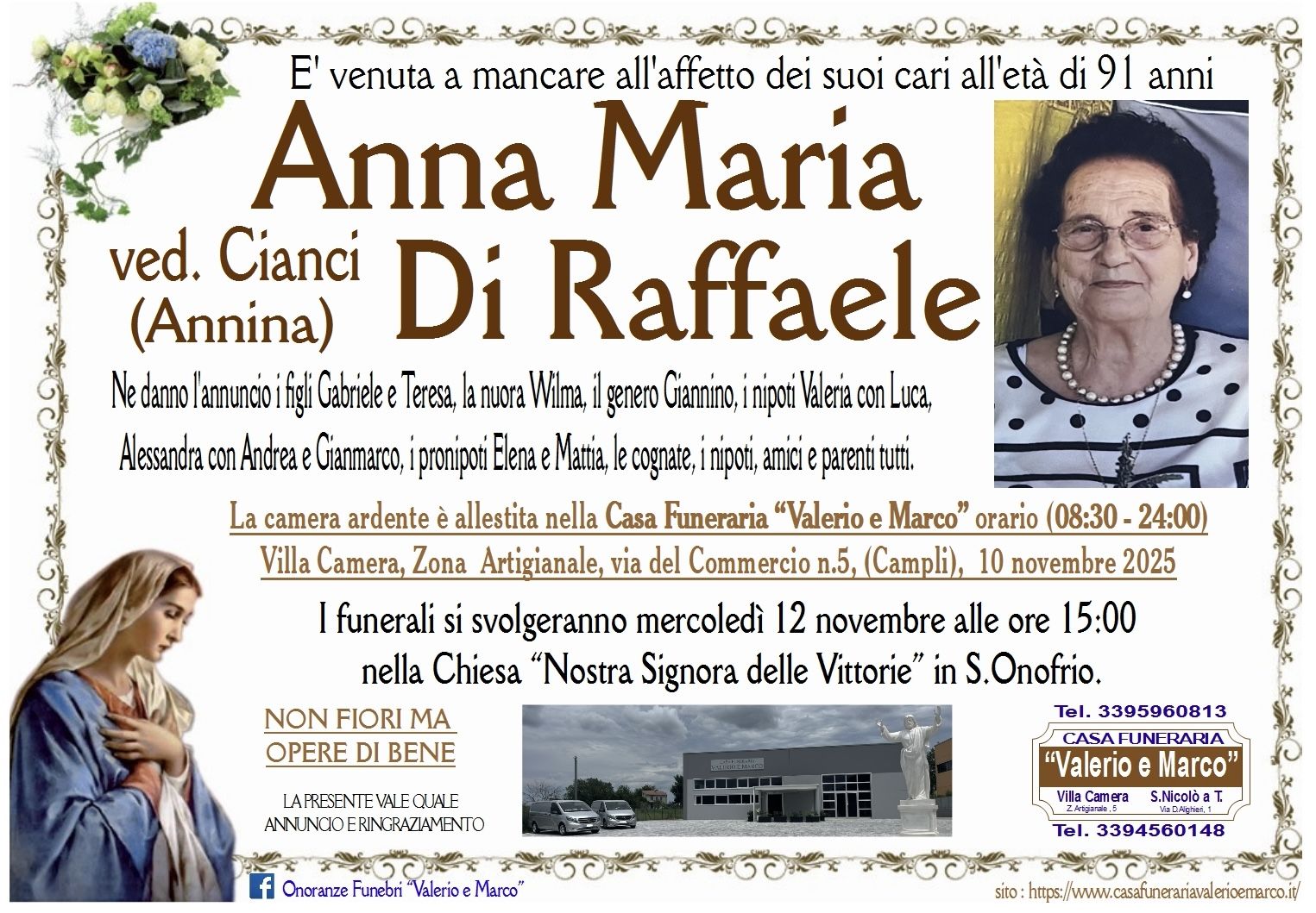 necrologio di Anna Maria Di Raffaele (Annina) ved. Cianci Casa Funeraria Agenzia Onoranze Funebri Valerio e Marco Teramo Val Vibrata