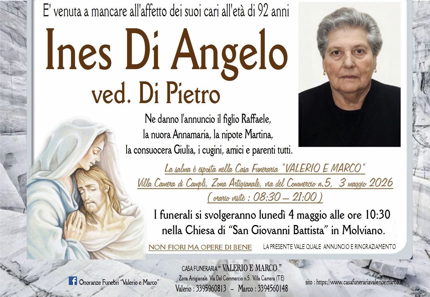 necrologio di Ines Di Angelo ved. Di Pietro Casa Funeraria Agenzia Onoranze Funebri Valerio e Marco Teramo Val Vibrata
