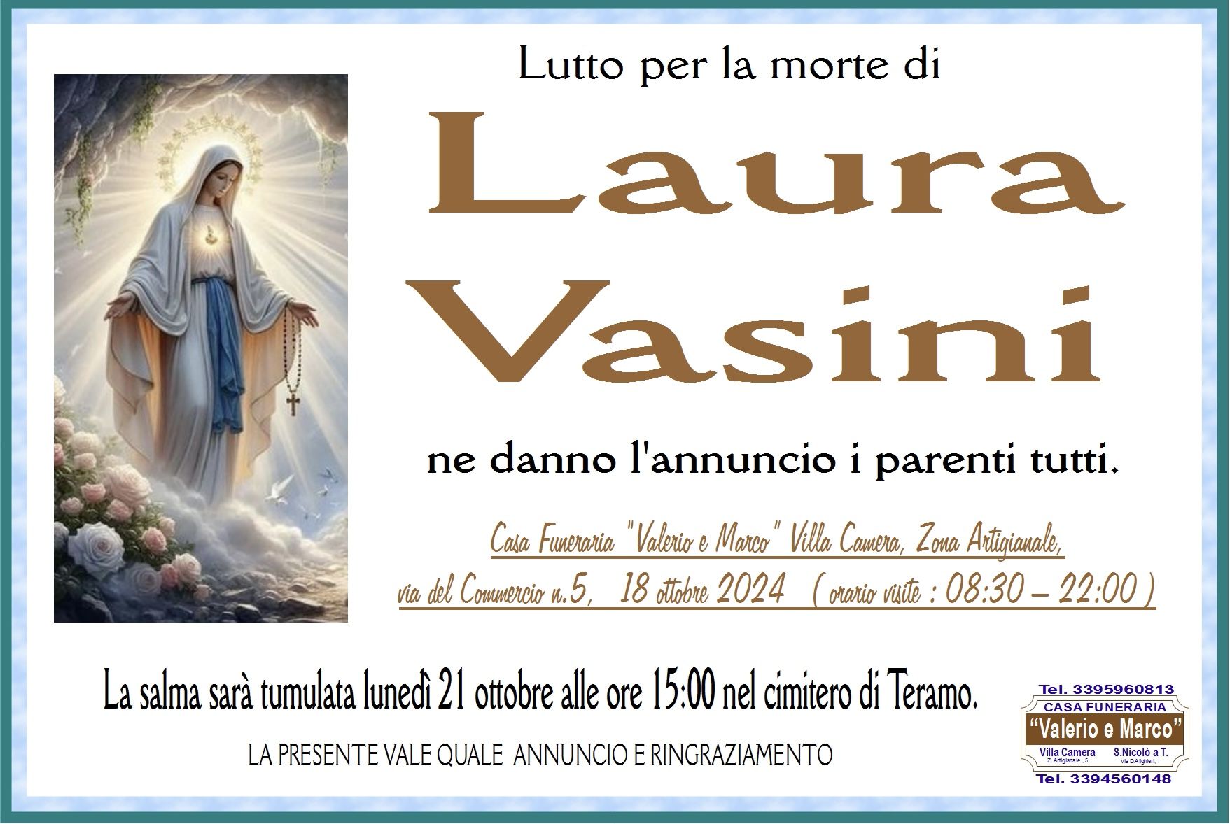 necrologio di Laura Vasini Casa Funeraria Agenzia Onoranze Funebri Valerio e Marco Teramo Val Vibrata