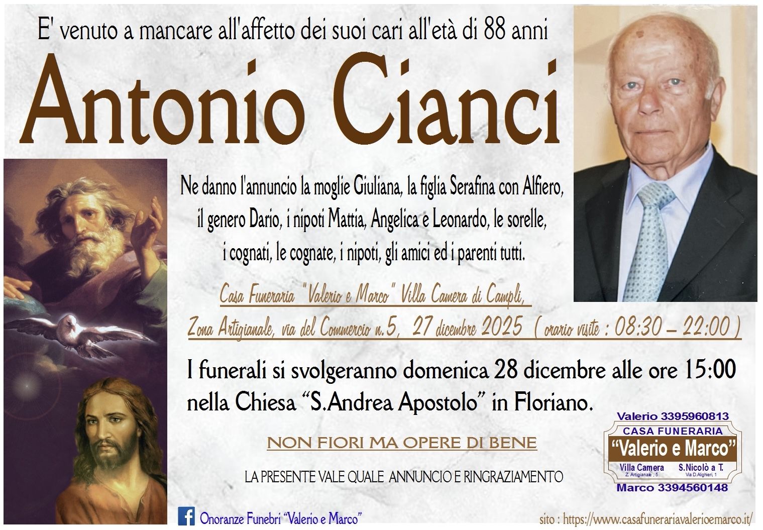 necrologio di Antonio Cianci Casa Funeraria Agenzia Onoranze Funebri Valerio e Marco Teramo Val Vibrata