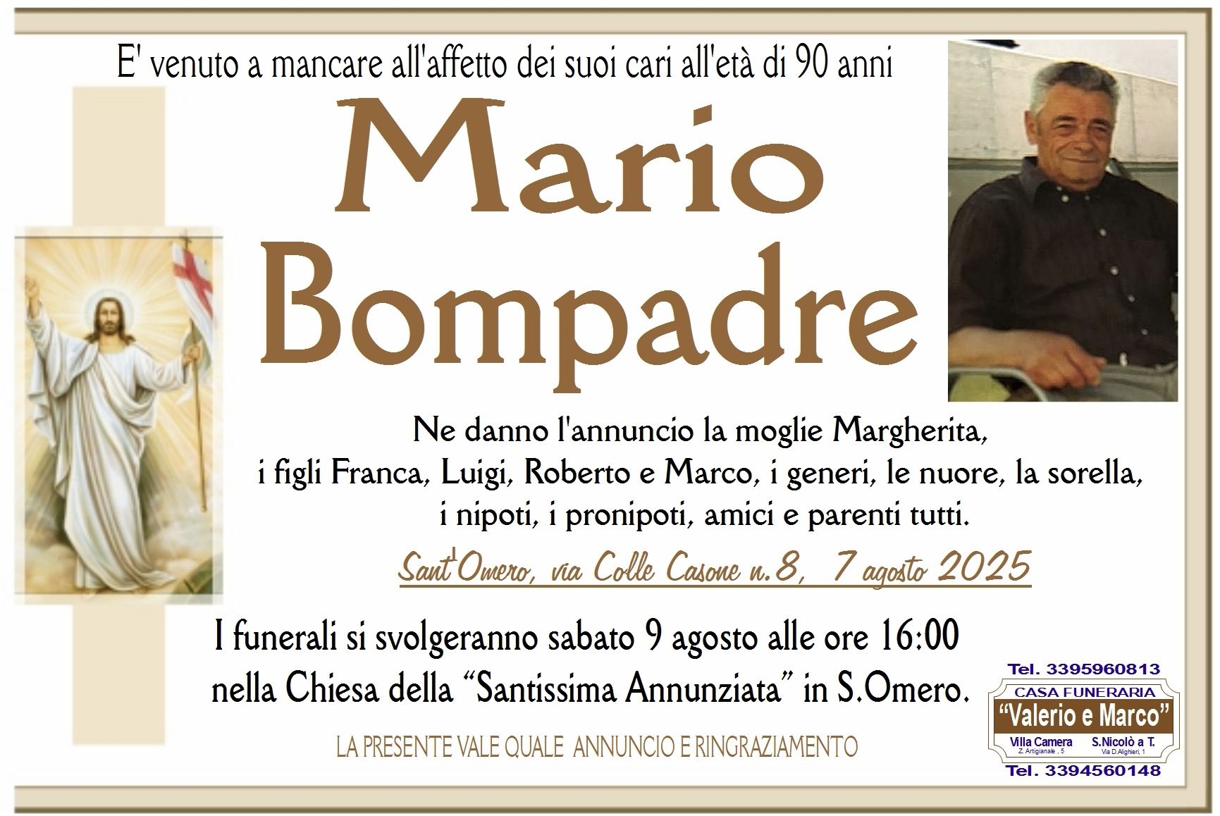 necrologio di Mario Bompadre Casa Funeraria Agenzia Onoranze Funebri Valerio e Marco Teramo Val Vibrata