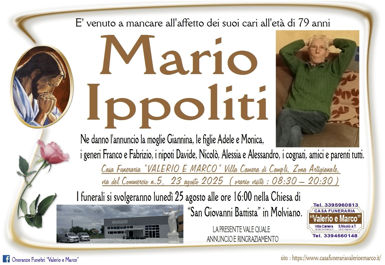 necrologio di Mario Ippoliti Casa Funeraria Agenzia Onoranze Funebri Valerio e Marco Teramo Val Vibrata