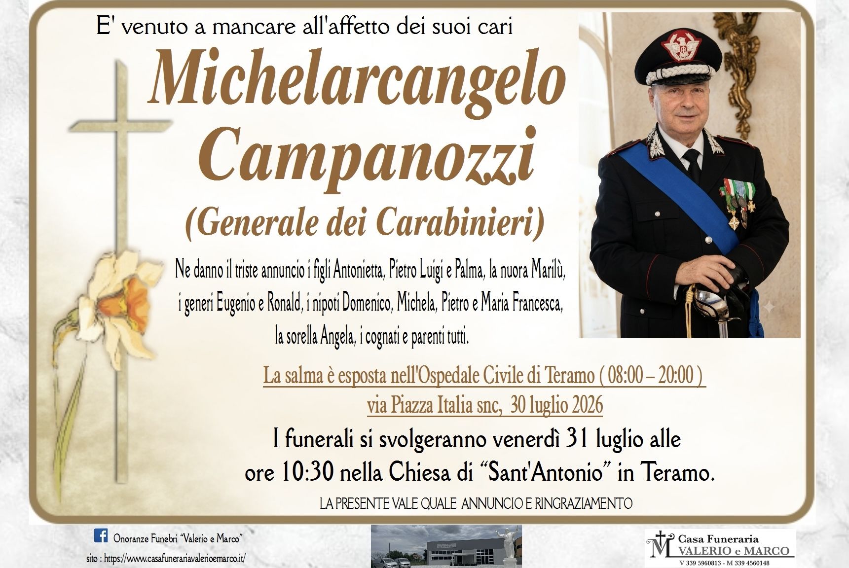 necrologio di Michelarcangelo Campanozzi Casa Funeraria Agenzia Onoranze Funebri Valerio e Marco Teramo Val Vibrata