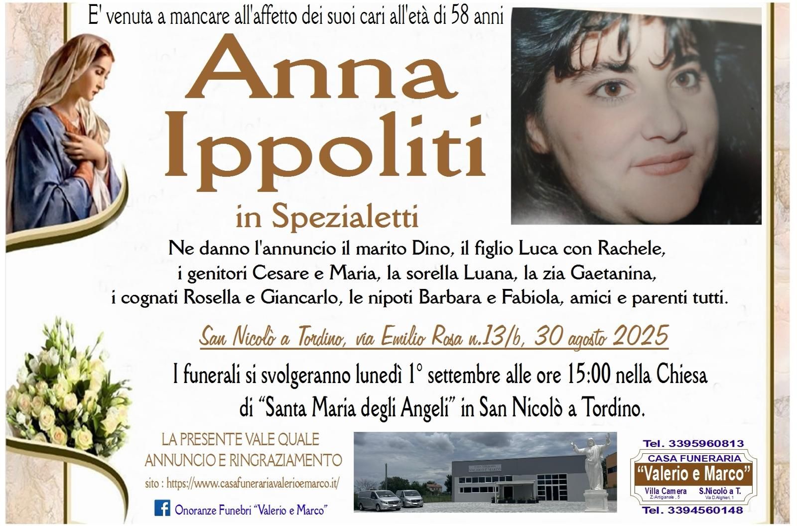 necrologio di Anna Ippoliti Casa Funeraria Agenzia Onoranze Funebri Valerio e Marco Teramo Val Vibrata