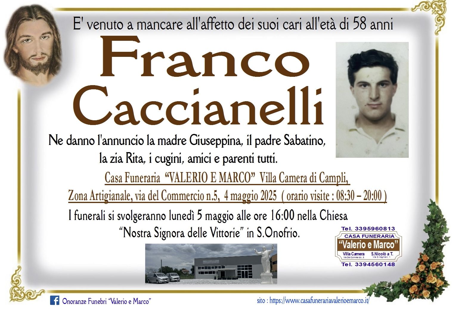 necrologio di Franco Caccianelli Casa Funeraria Agenzia Onoranze Funebri Valerio e Marco Teramo Val Vibrata