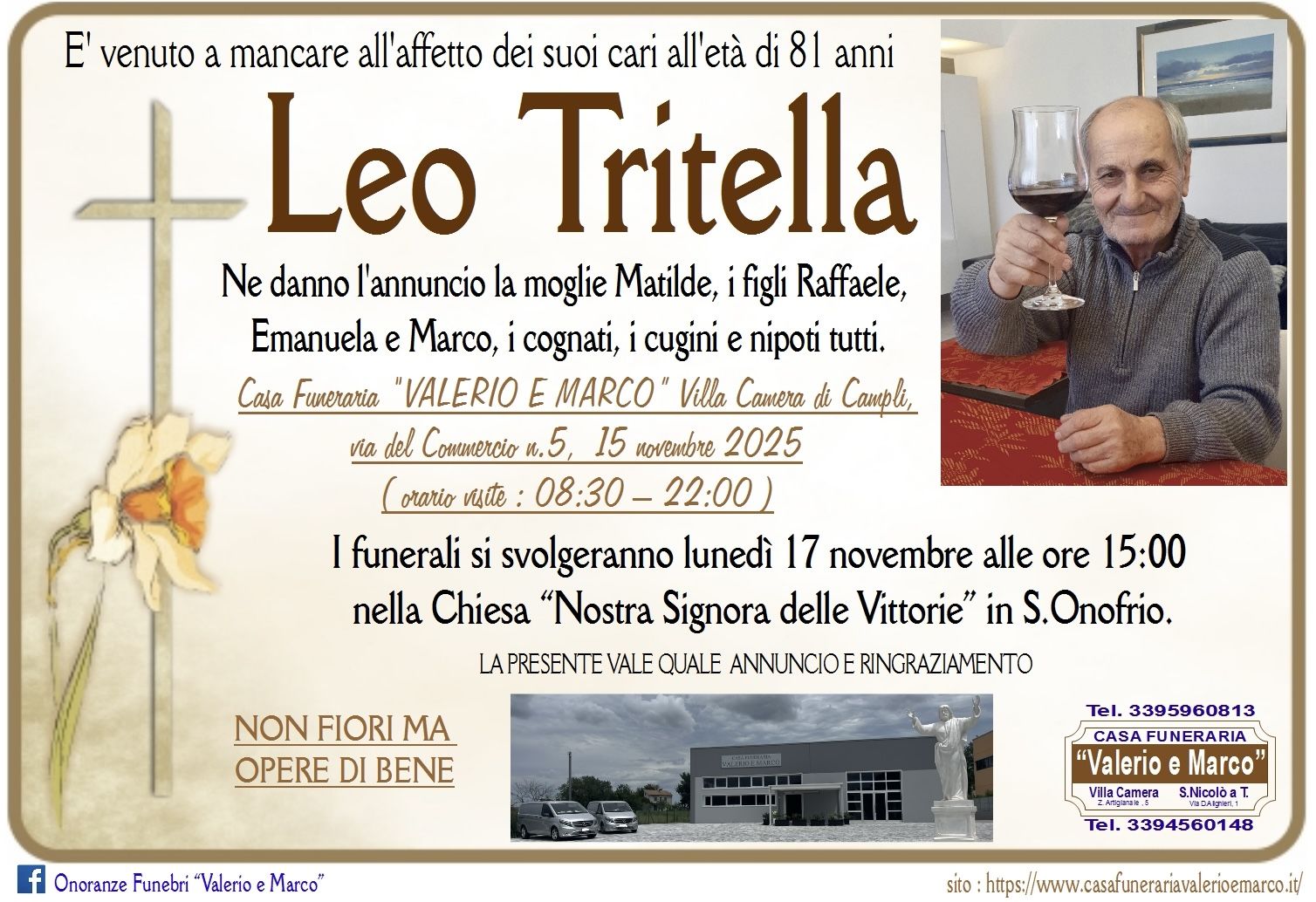 necrologio di Leo Tritella Casa Funeraria Agenzia Onoranze Funebri Valerio e Marco Teramo Val Vibrata
