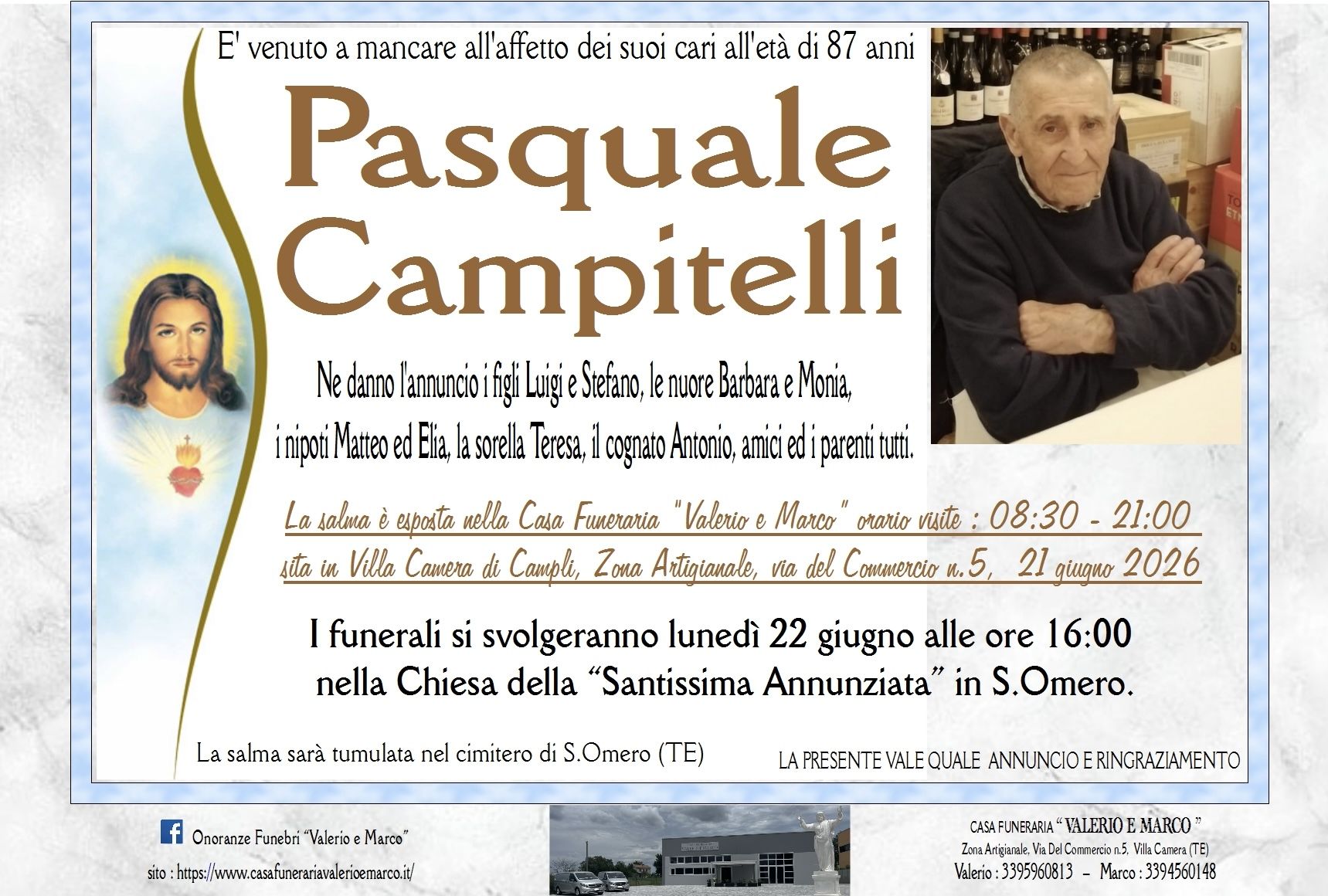 necrologio di Pasquale Campitelli Casa Funeraria Agenzia Onoranze Funebri Valerio e Marco Teramo Val Vibrata