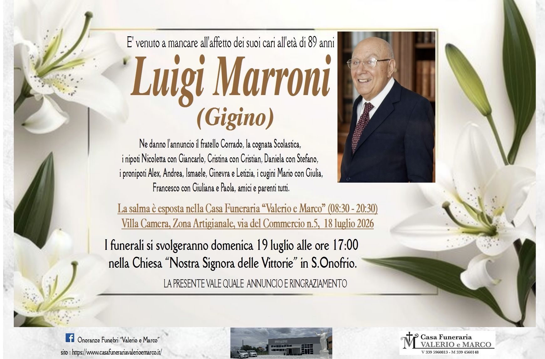 necrologio di Luigi Marroni Casa Funeraria Agenzia Onoranze Funebri Valerio e Marco Teramo Val Vibrata