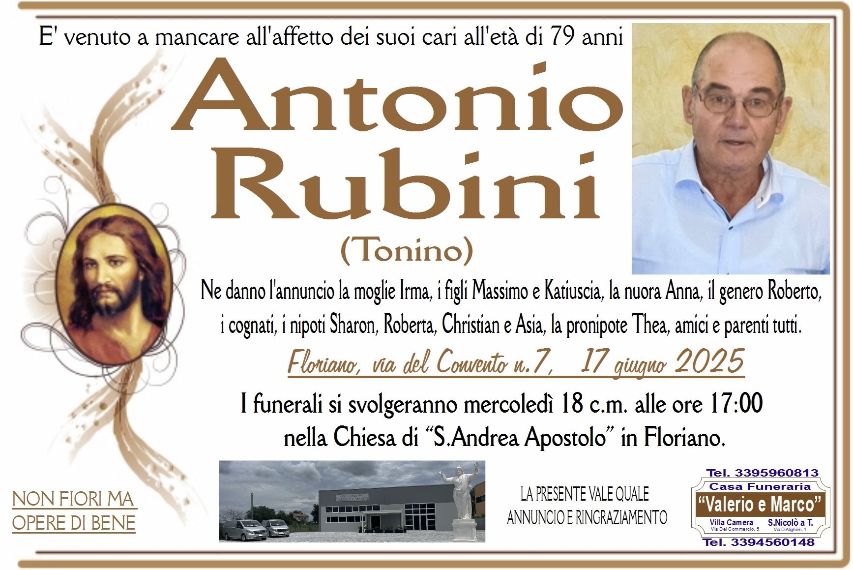 necrologio di Antonio Rubini (Tonino) Casa Funeraria Agenzia Onoranze Funebri Valerio e Marco Teramo Val Vibrata