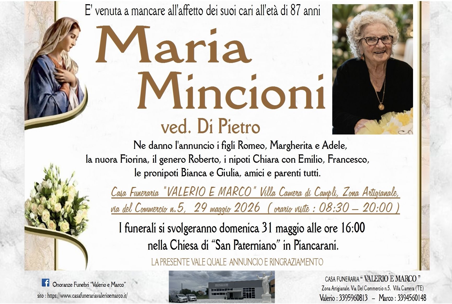 necrologio di Maria Mincioni Casa Funeraria Agenzia Onoranze Funebri Valerio e Marco Teramo Val Vibrata