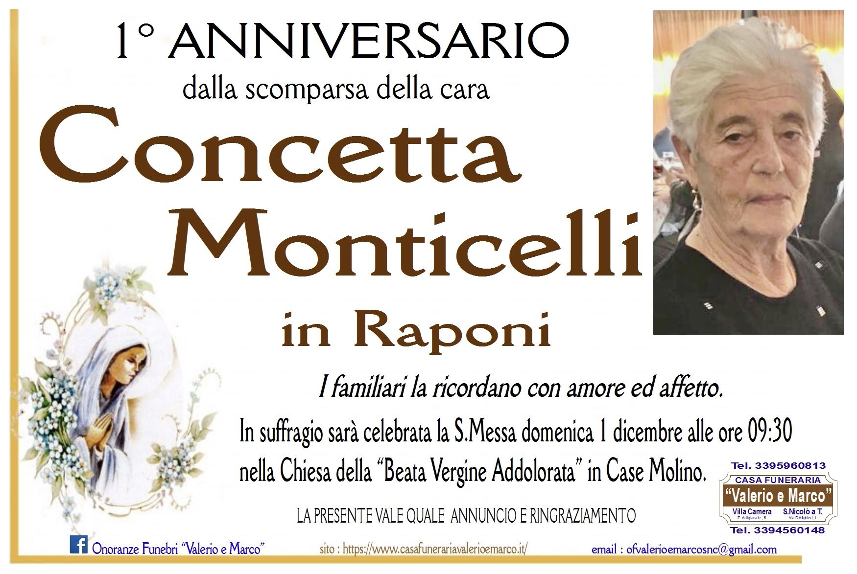 anniversario di Concetta Monticelli Casa Funeraria Agenzia Onoranze Funebri Valerio e Marco Teramo Val Vibrata