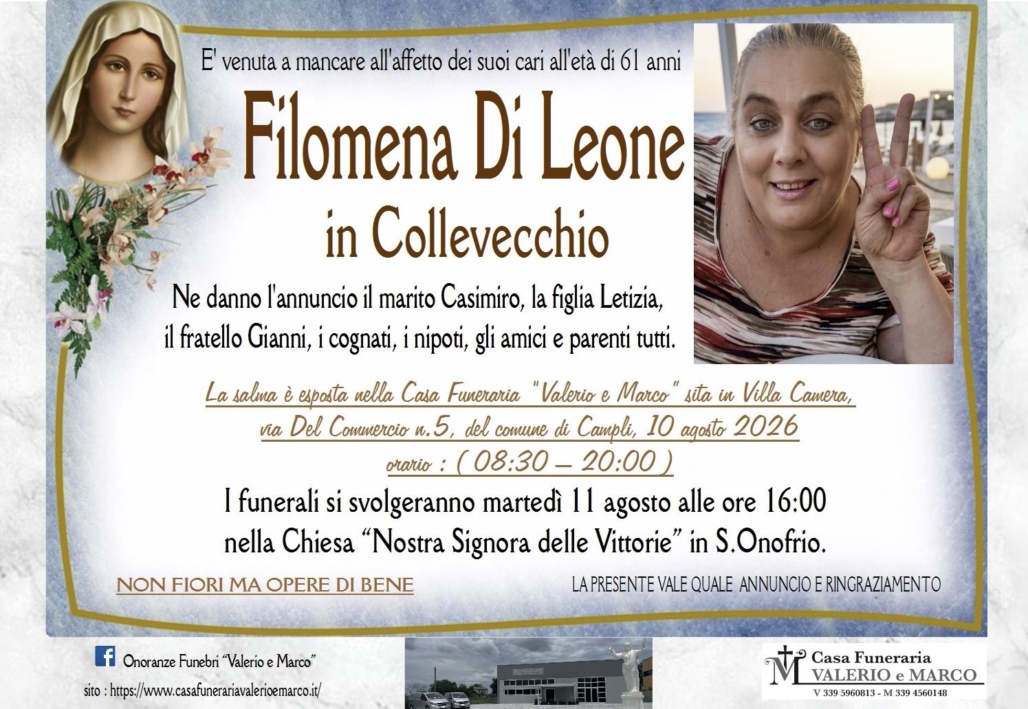 necrologio di Filomena Di Leone in Collevecchio Casa Funeraria Agenzia Onoranze Funebri Valerio e Marco Teramo Val Vibrata
