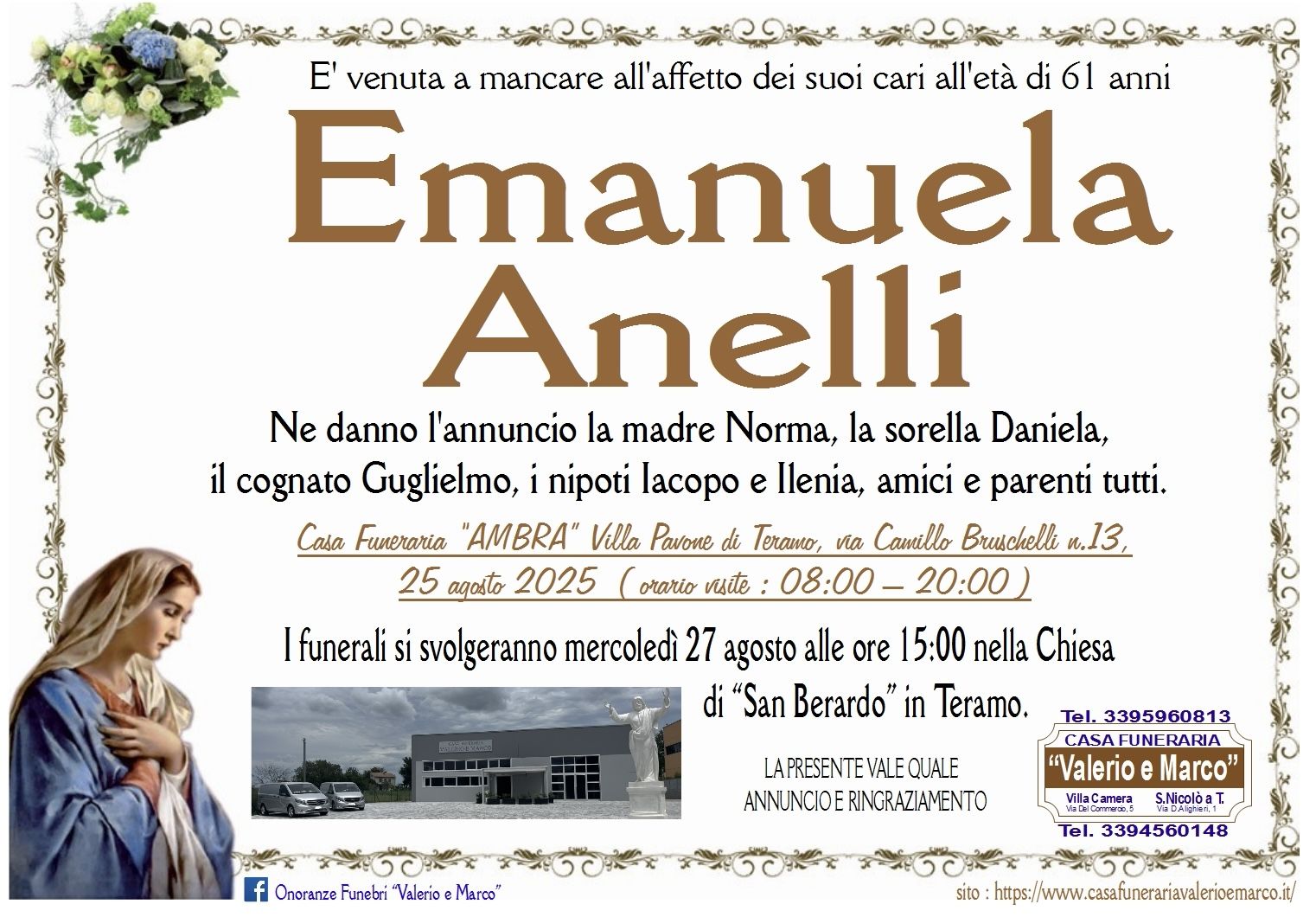 necrologio di Emanuela Anelli Casa Funeraria Agenzia Onoranze Funebri Valerio e Marco Teramo Val Vibrata