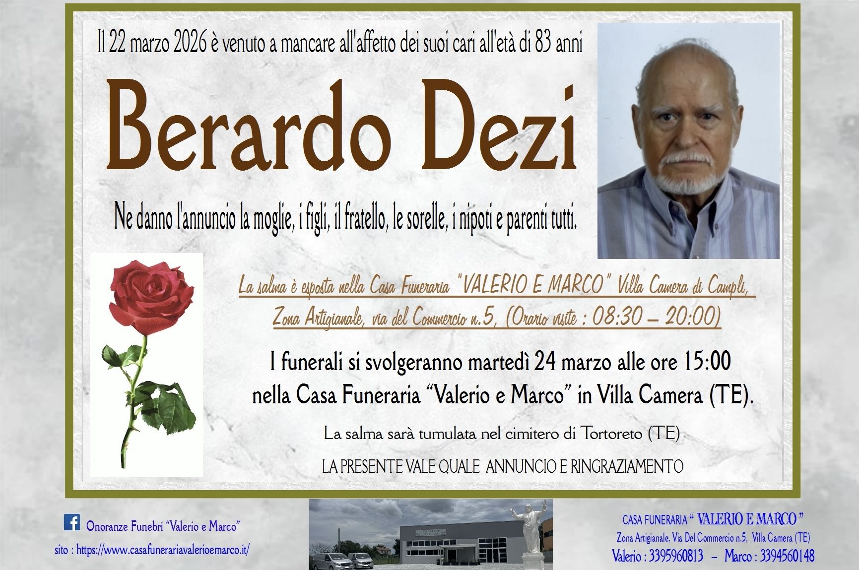 necrologio di Berardo Dezi Casa Funeraria Agenzia Onoranze Funebri Valerio e Marco Teramo Val Vibrata