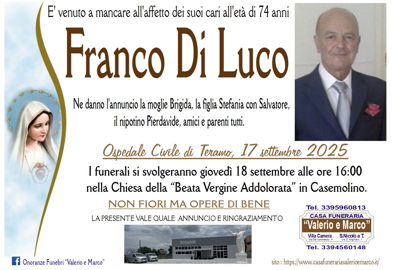 necrologio di Franco Di Luco Casa Funeraria Agenzia Onoranze Funebri Valerio e Marco Teramo Val Vibrata