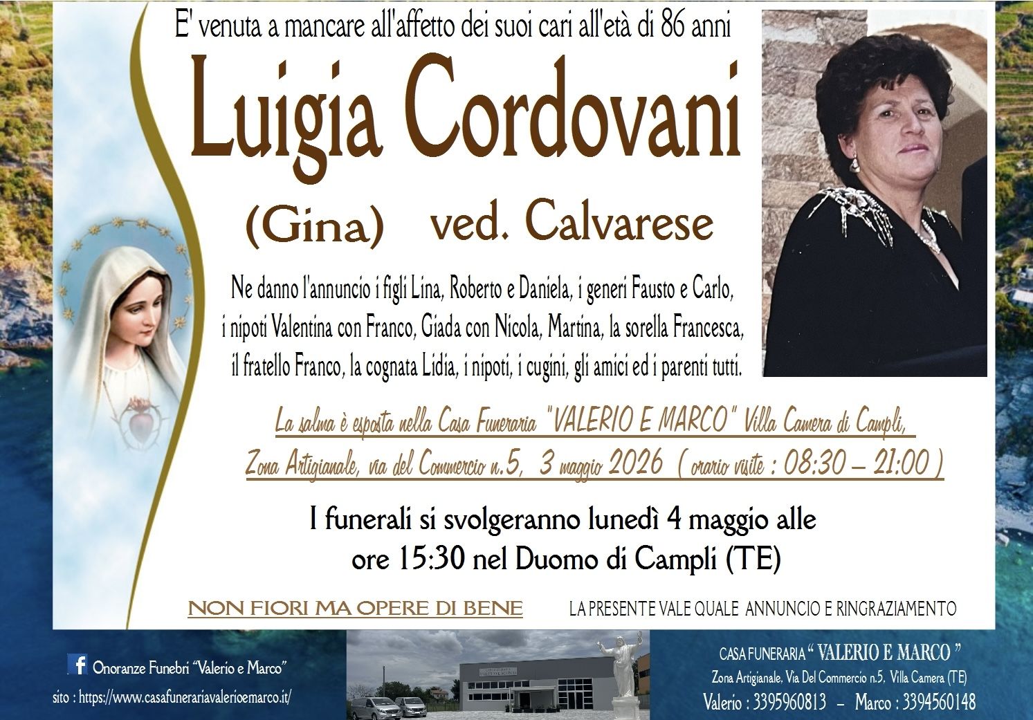 necrologio di Luigia Cordovani ved. Calvarese Casa Funeraria Agenzia Onoranze Funebri Valerio e Marco Teramo Val Vibrata