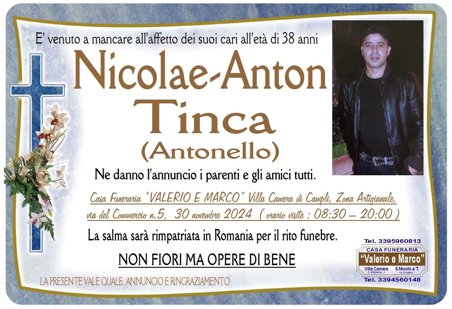 necrologio di Nicolae Anton Tinca Casa Funeraria Agenzia Onoranze Funebri Valerio e Marco Teramo Val Vibrata