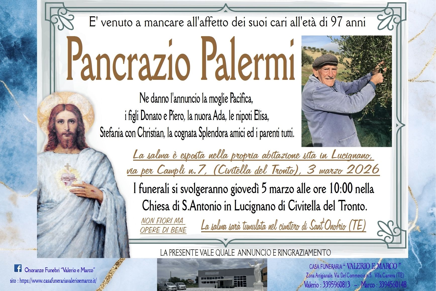 necrologio di Pancrazio Palermi Casa Funeraria Agenzia Onoranze Funebri Valerio e Marco Teramo Val Vibrata