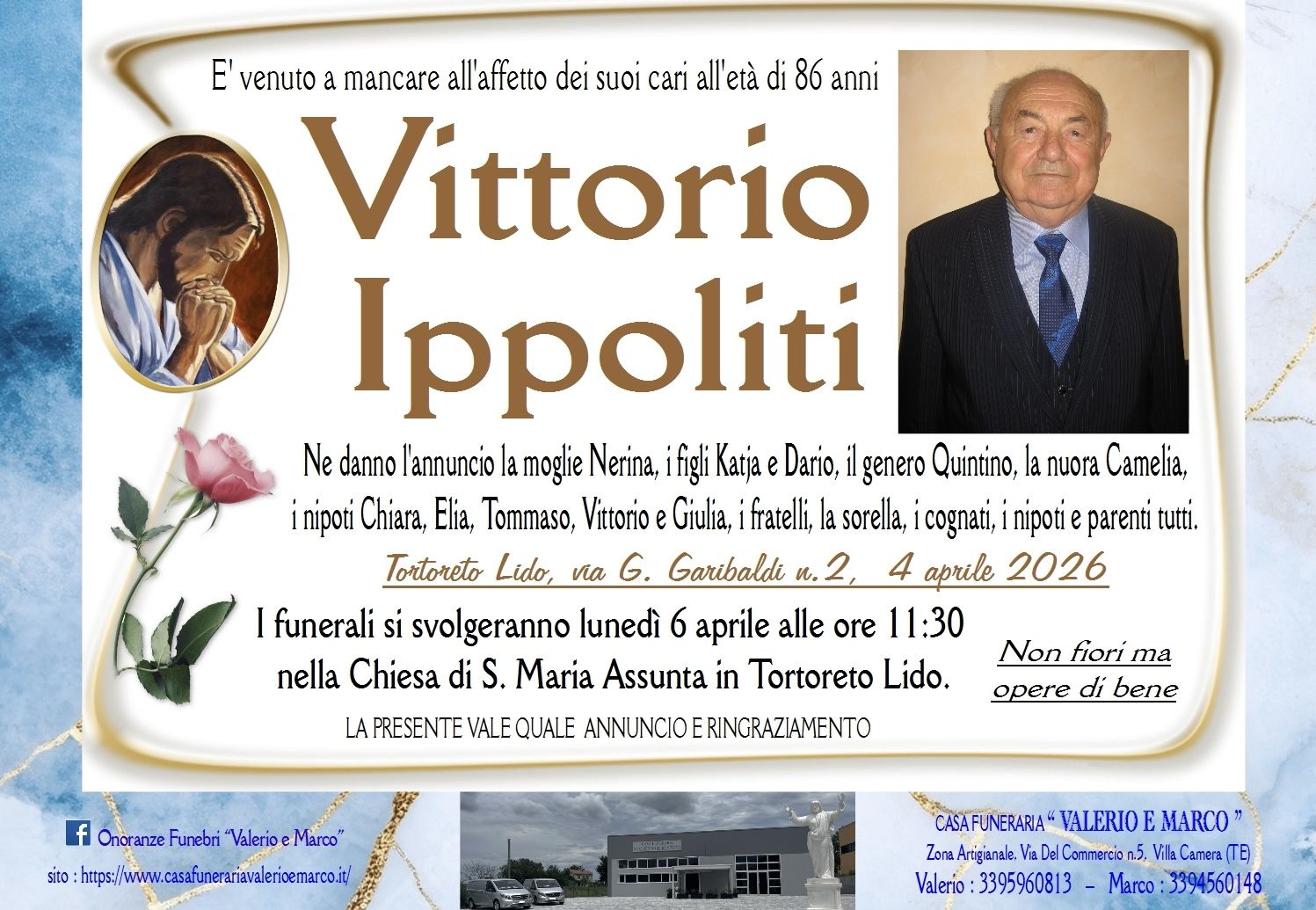 necrologio di Vittorio Ippoliti Casa Funeraria Agenzia Onoranze Funebri Valerio e Marco Teramo Val Vibrata