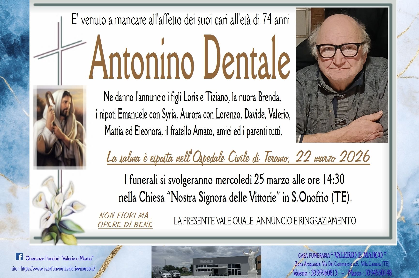 necrologio di Antonino Dentale Casa Funeraria Agenzia Onoranze Funebri Valerio e Marco Teramo Val Vibrata