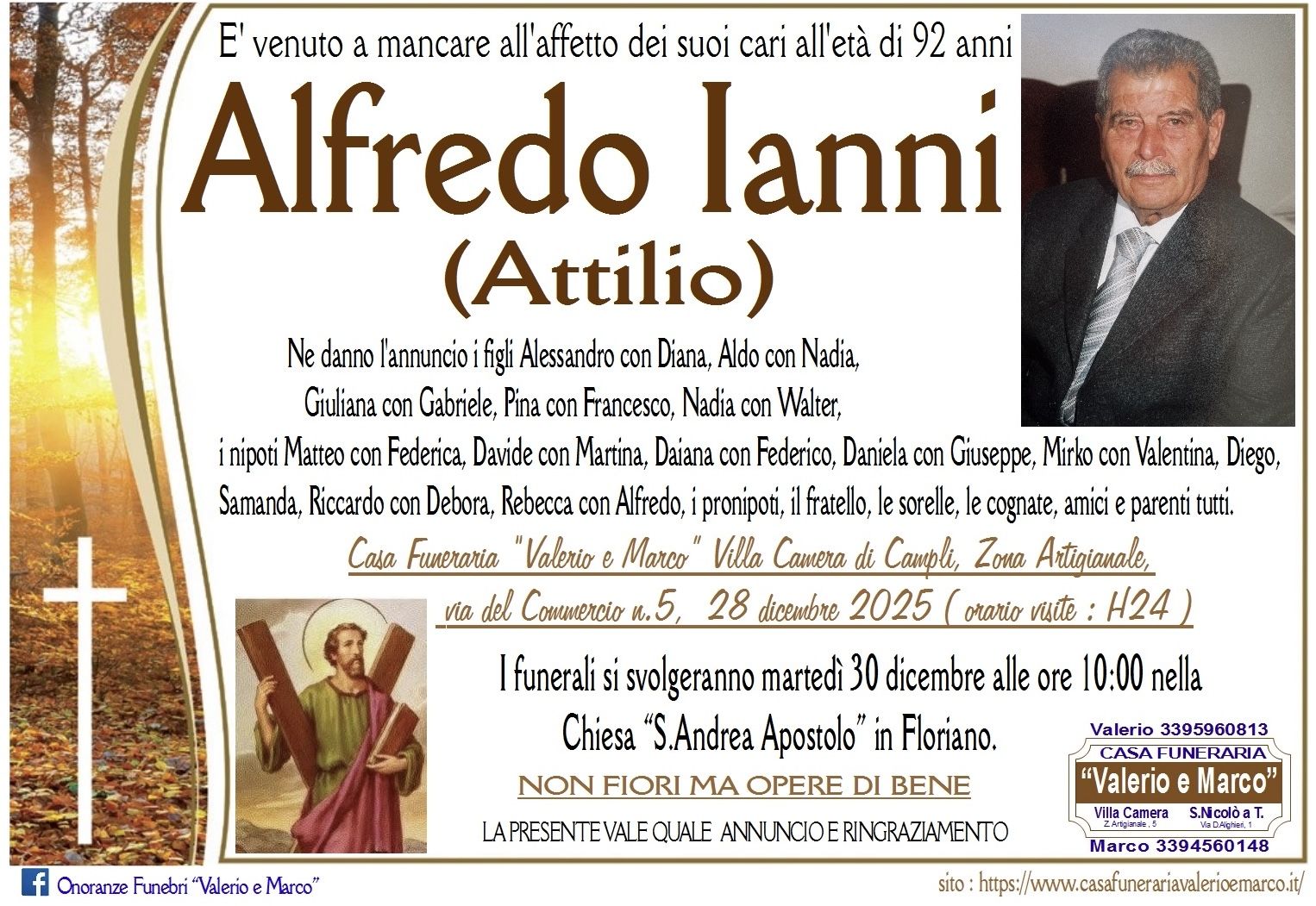 necrologio di Alfredo Ianni Casa Funeraria Agenzia Onoranze Funebri Valerio e Marco Teramo Val Vibrata