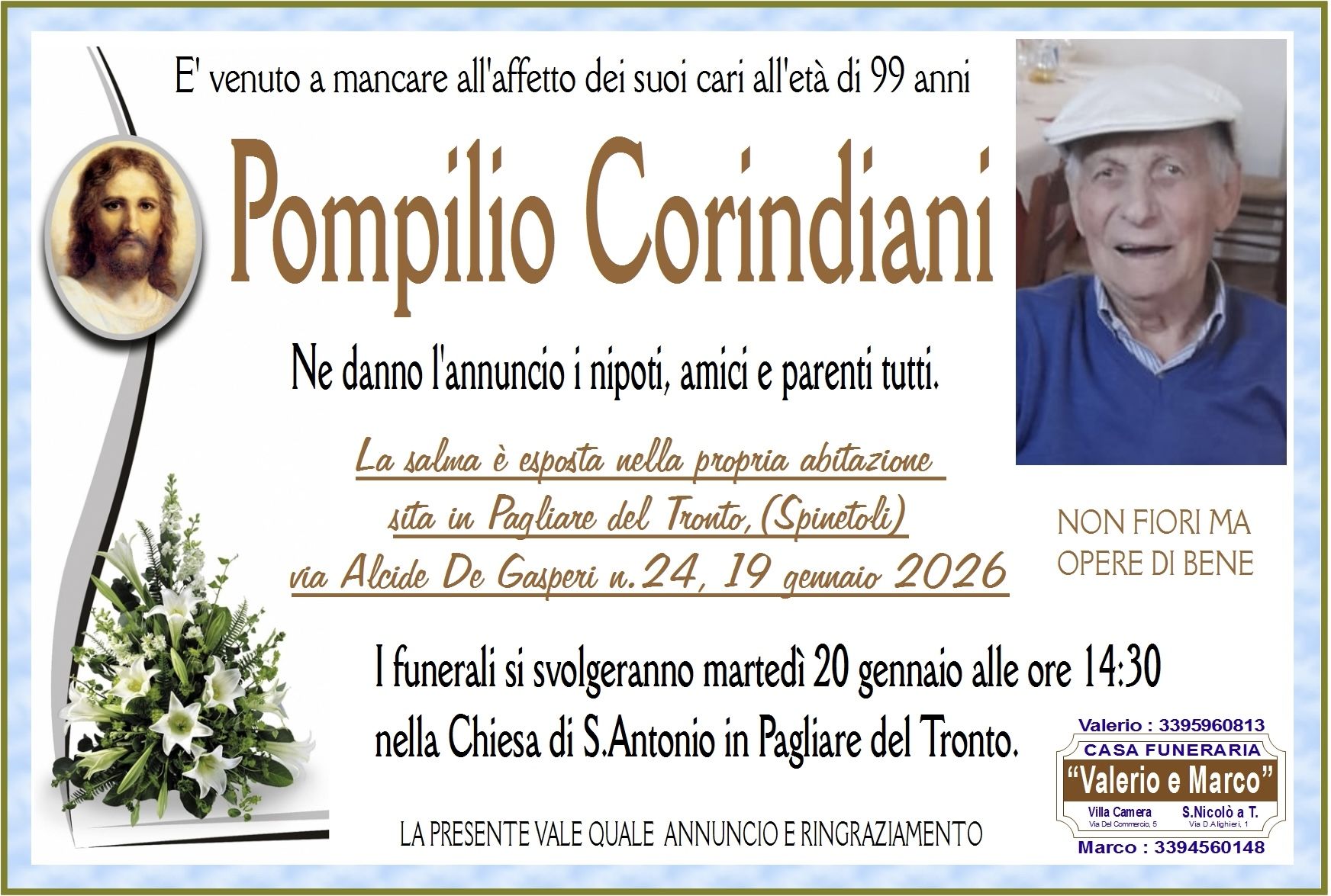 necrologio di Pompilio Corindiani Casa Funeraria Agenzia Onoranze Funebri Valerio e Marco Teramo Val Vibrata