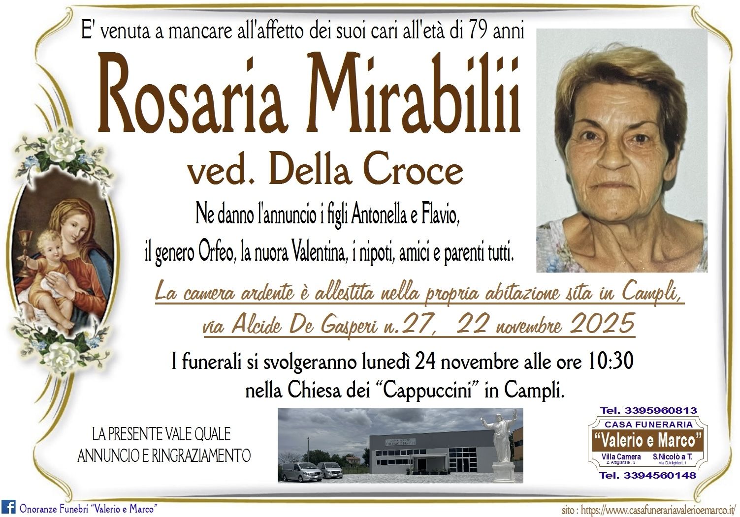 necrologio di Rosaria Mirabilii Casa Funeraria Agenzia Onoranze Funebri Valerio e Marco Teramo Val Vibrata