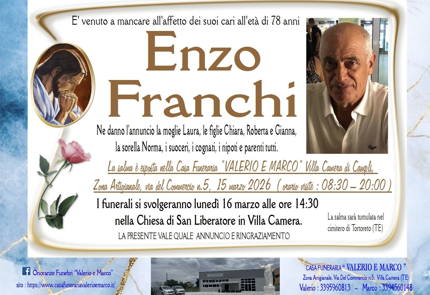 necrologio di Enzo Franchi Casa Funeraria Agenzia Onoranze Funebri Valerio e Marco Teramo Val Vibrata