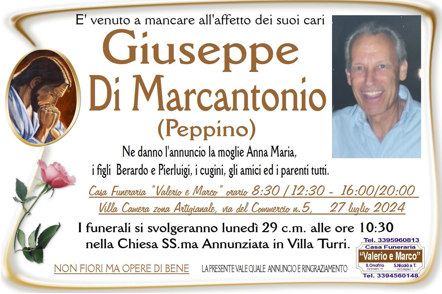 necrologio di Giuseppe di Marcantonio Casa Funeraria Agenzia Onoranze Funebri Valerio e Marco Teramo Val Vibrata