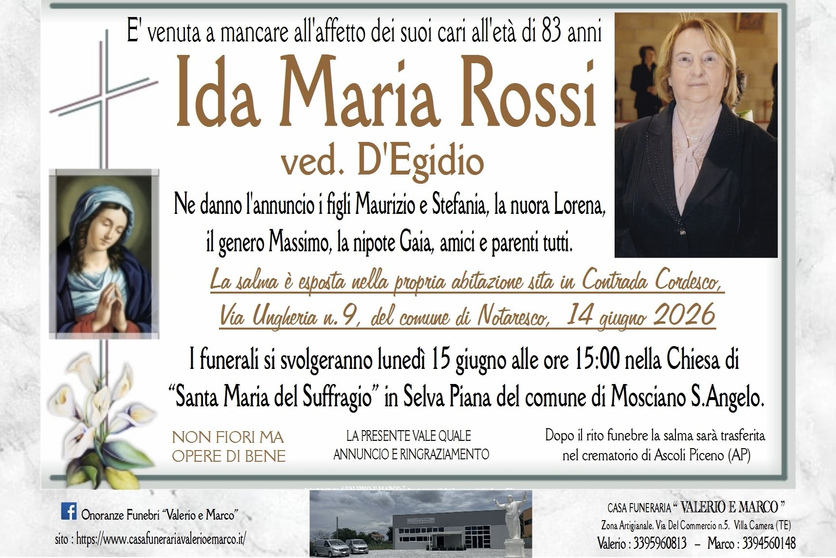 necrologio di Ida Maria Rossi ved. D'Egidio Casa Funeraria Agenzia Onoranze Funebri Valerio e Marco Teramo Val Vibrata