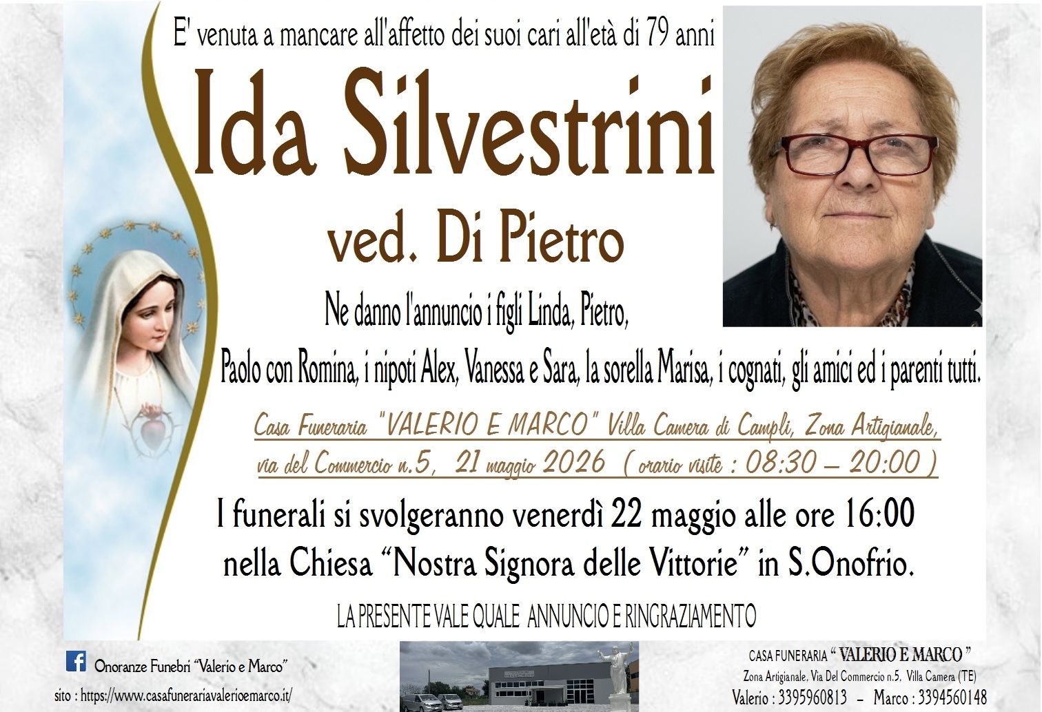necrologio di Ida Silvestrini ved. Di Pietro Casa Funeraria Agenzia Onoranze Funebri Valerio e Marco Teramo Val Vibrata