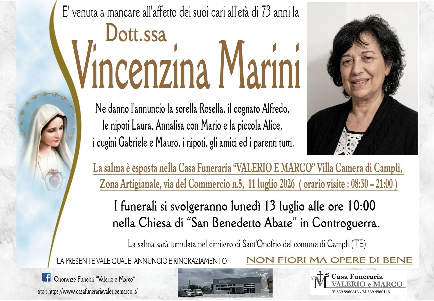 necrologio di Vincenzina Marini Casa Funeraria Agenzia Onoranze Funebri Valerio e Marco Teramo Val Vibrata