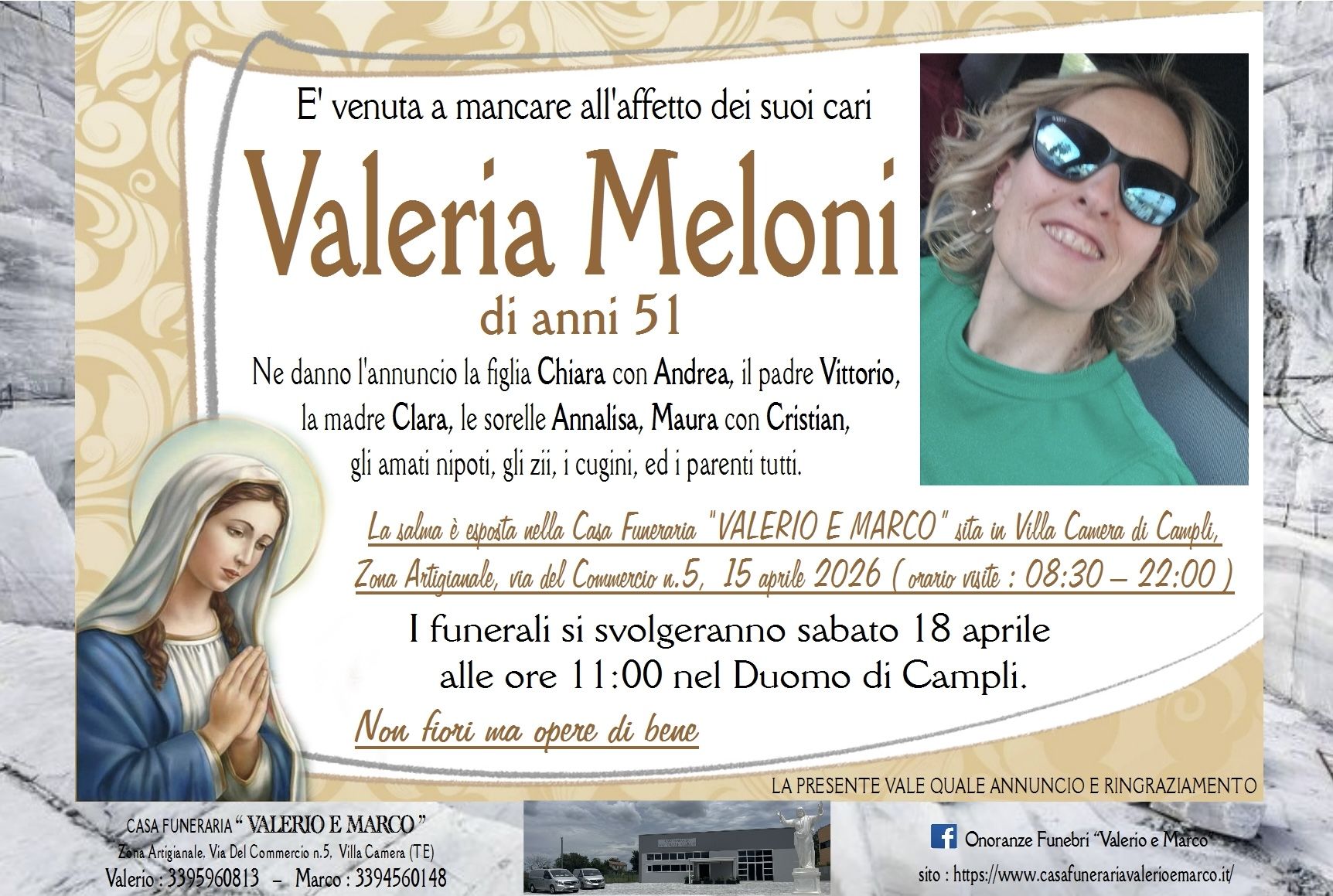 necrologio di Valeria Meloni Casa Funeraria Agenzia Onoranze Funebri Valerio e Marco Teramo Val Vibrata