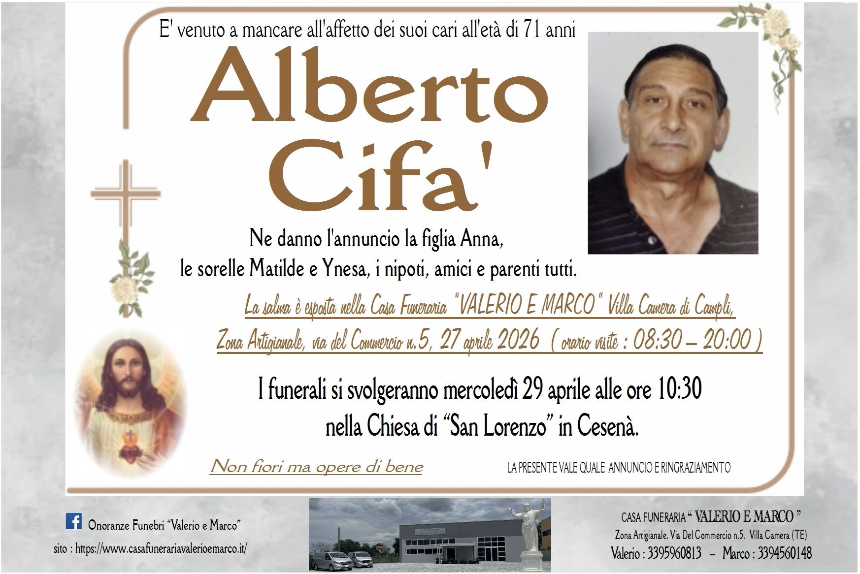 necrologio di Alberto Cifà Casa Funeraria Agenzia Onoranze Funebri Valerio e Marco Teramo Val Vibrata
