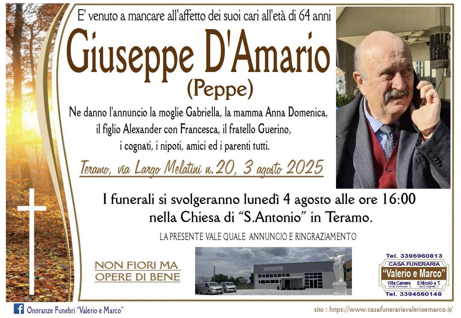 necrologio di Giuseppe D'Amario Casa Funeraria Agenzia Onoranze Funebri Valerio e Marco Teramo Val Vibrata