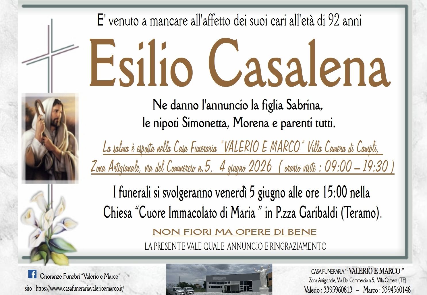 necrologio di Esilio Casalena Casa Funeraria Agenzia Onoranze Funebri Valerio e Marco Teramo Val Vibrata