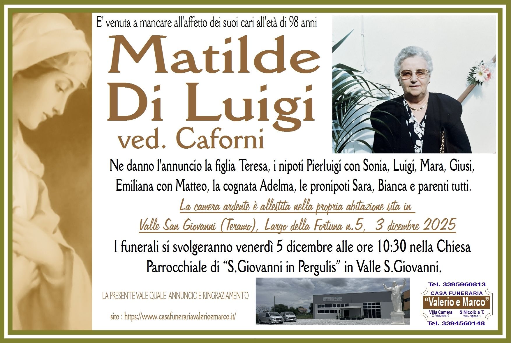 necrologio di Matilde Di Luigi Casa Funeraria Agenzia Onoranze Funebri Valerio e Marco Teramo Val Vibrata