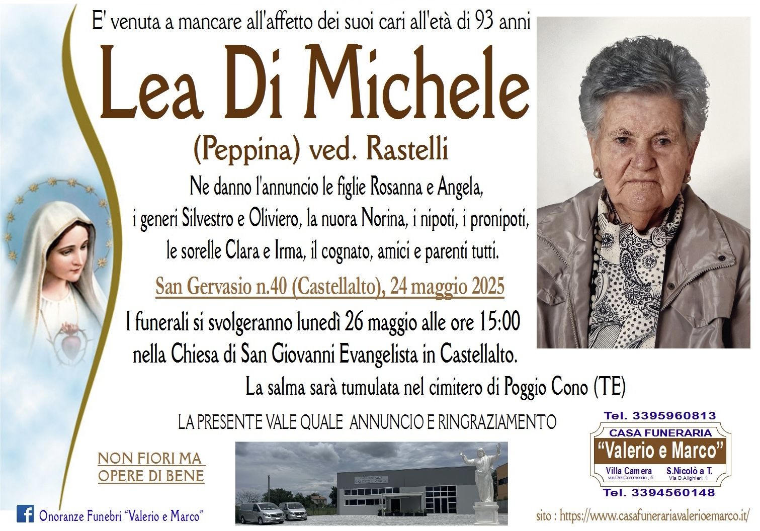 necrologio di Lea Di Michele (Peppina) ved. Rastelli Casa Funeraria Agenzia Onoranze Funebri Valerio e Marco Teramo Val Vibrata