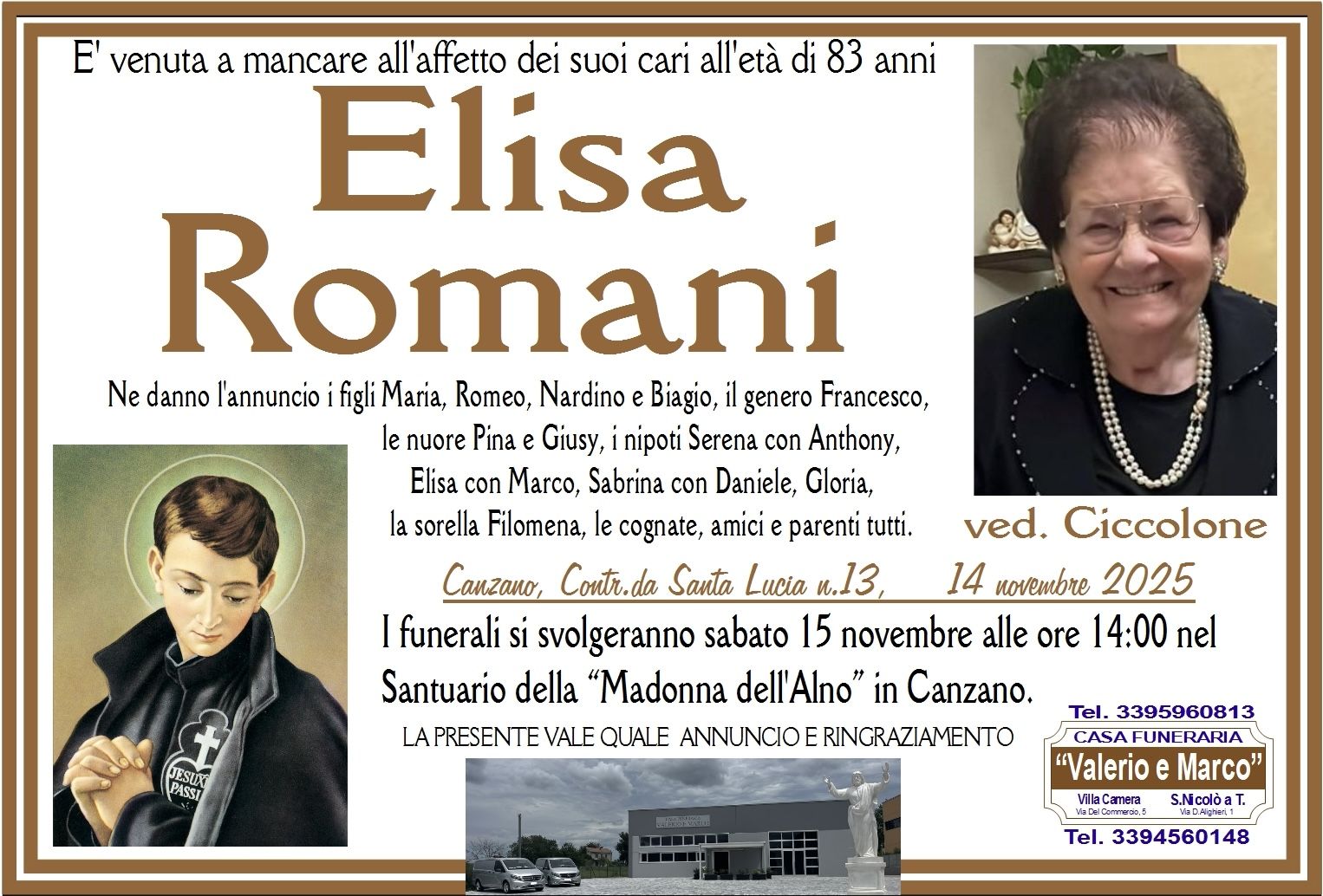 necrologio di Elisa Romani Casa Funeraria Agenzia Onoranze Funebri Valerio e Marco Teramo Val Vibrata